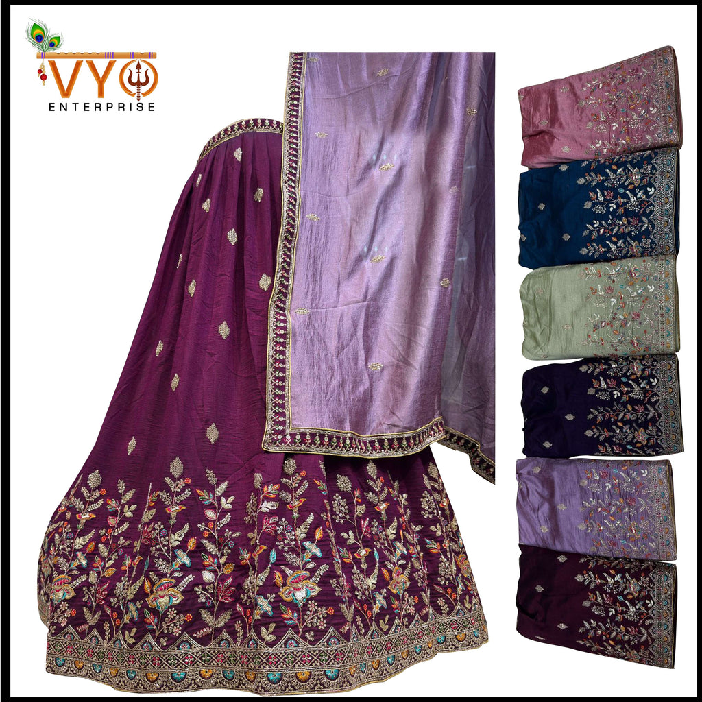 Purple embroidered saree with a folded display of similar sarees in various colors.