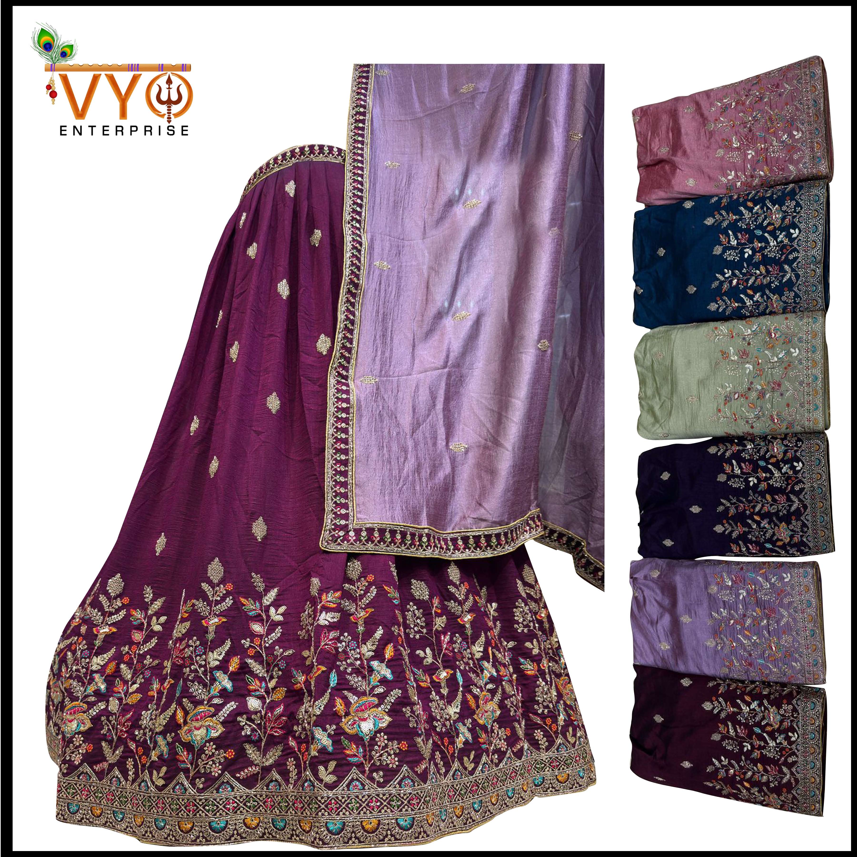 Purple embroidered saree with a folded display of similar sarees in various colors.